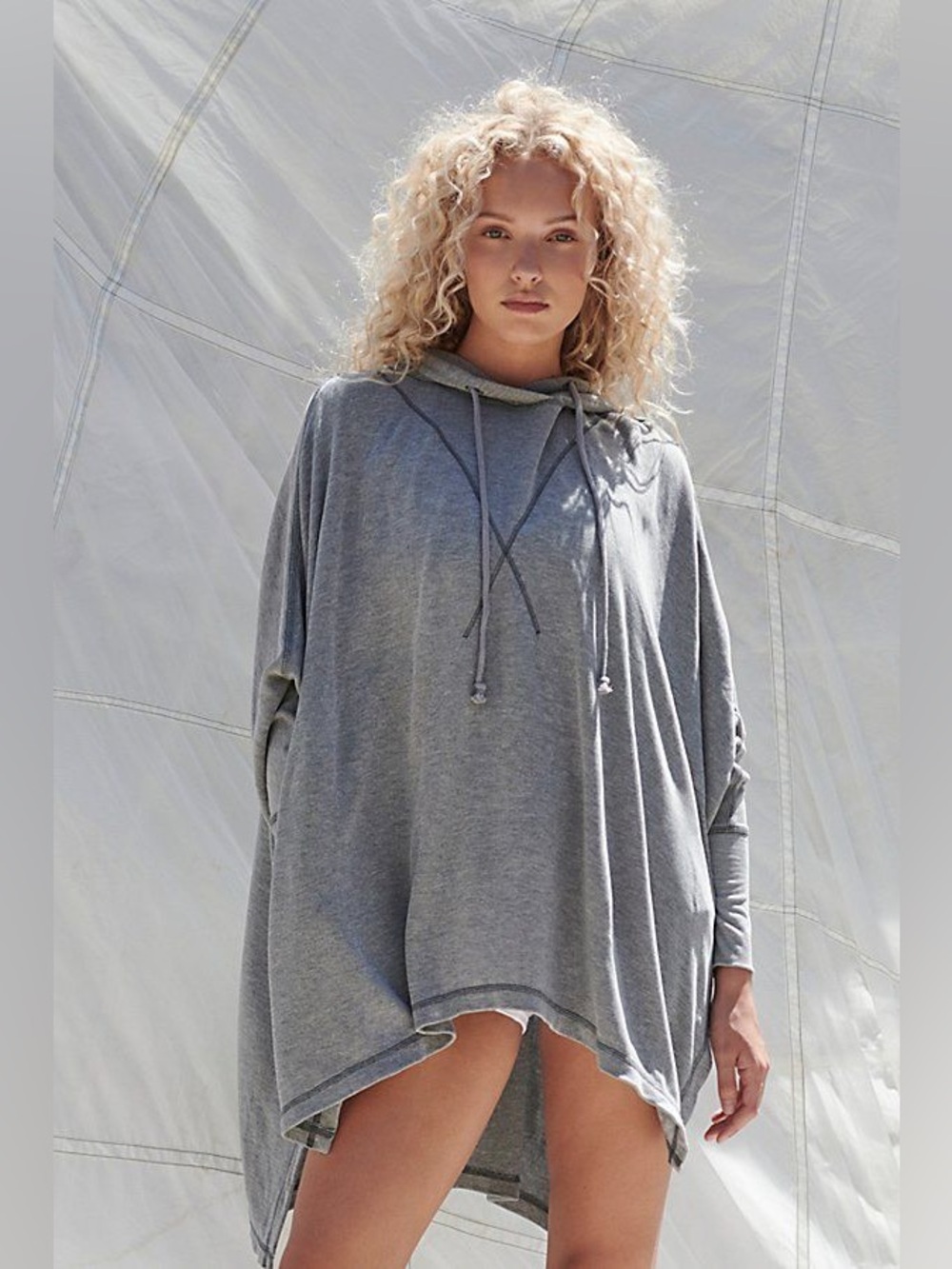 Free People FP Movement Swingin’ It Hoodie Gray Oversized Poncho Pullover
